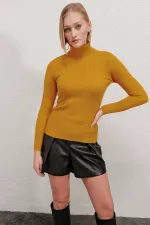 Pull col roulé côtelé moutarde pour femme HZL22W-BD1445001