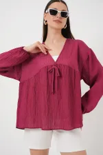 Women's Front Lace-Up Long-Sleeve Blouse 946 - Burgundy