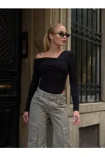 Kadın Siyah Tek Omuz Asimetrik Kesim Bodysuit HZL25W-ZK11521