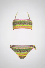 Kız Çocuk Pembe Neon Sarı Çok Renkli Astarlı 4-12 Yaş Straplez Bikini Takım HZL24S-LC6355