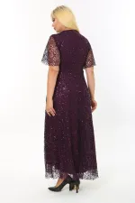 Kadın Mor Büyük Beden Kruvaze Yaka Payetli Abiye Elbise HZL26S-PR11171