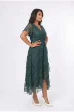 Kadın Yeşil Büyük Beden V Yaka Astarlı Dantel Detaylı Şık Abiye Elbise HZL26S-PR11071