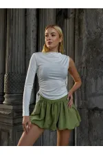 Kadın Beyaz Tek Kol Yanları Büzgülü Sandy Kumaş Bluz HZL25W-ZK11501