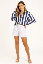 Kadın Lacivert Krem Çizgili Saten Gömlek HZL23S-BD1201731