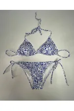 Women's Tile Pattern Blue White Patterned Neckline Triangle Bikini Set HZL25S-LC5005