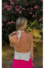 Kadın Beyaz Boyundan Bağlamalı Sırtı Açık Keten Bluz HZL24S-ZK11081