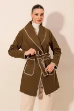 Kadın Kahverengi Nakış Detaylı Beli Kuşaklı Düğmesiz Astarsız Kaşe Kaban  HZL24W-BD191301