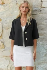 Veste Ayrobin en lin noir à manches courtes et col châle pour femme, boutonnée, HZL24S-BD107061