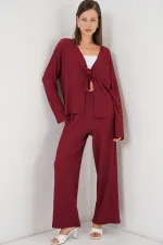 Ensemble deux pièces pour femme : chemisier et pantalon en maille, réf. 30052 - Bordeaux