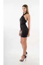 Kadın Siyah Halter Yaka Saten Kumaş Sırt Dekolteli Mini Elbise HZL24S-YY262
