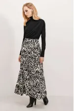Kadın Krem Siyah Desenli Astarsız Beli Lastikli Midi Boy Etek HZL24S-BD180031