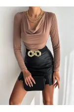 Kadın Bej Degaje Yaka Yandan Büzgülü Uzun Kol Sandy Bluz HZL24W-FRY122481