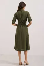 Kadın Haki Kuşaklı Gömlek Elbise 2442