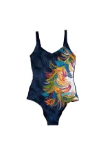 Maillot de bain femme bleu marine à motif feuilles tropicales HZL25S-LC0046