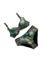 Women's Green Leopard Patterned Lined Plus Size Bikini Set HZL25S-LC25006