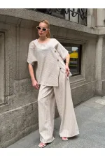Kadın Krem Çizgili Düğme Detaylı Bluz Pantolon Keten İkili Takım HZL26S-VL14271 Kadın Krem Çizgili Düğme Detaylı Bluz Pantolon Keten İkili Takım HZL26S-VL14271