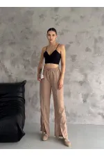 Kadın Bisküvi Lastikli Bel Yırtmaç Detaylı Cepsiz İthal Keten Astarsız Pantolon HZL24S-FRY121941