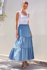 Jupe longue en jean à volants 8022 - Bleue