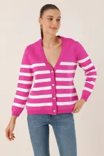 Kadın Pembe Çizgili V yaka Rahat Kesim Triko Hırka HZL25W-BD1102151