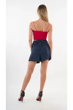 Kadın Lacivert Çizgili  Beli Lastikli Düğme Detaylı Cepli Şort HZL24S-YY277