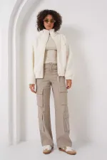 Kadın Ekru Krem Baskılı Fermuarlı Suni Yünlü Astarlı Peluş Ceket HZL25W-BD151941