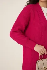 Cardigan long boutonné coupe décontractée en tricot rose foncé pour femme HZL23W-BD1100691