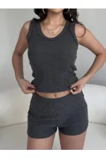 Kadın Antrasit Bel Katlamalı Şortlu Bluz Basic Takım HZL25W-ZK11191