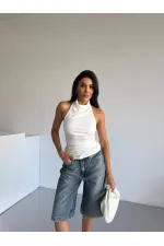 Kadın Beyaz Halter Yaka Sırtı Açık Sandy Bluz HZL25S-FRY123141