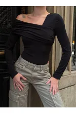 Kadın Siyah Tek Omuz Asimetrik Kesim Bodysuit HZL25W-ZK11521