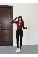 Women's Brown Diving Fabric Zippered Finger-Tight Sweatshirt HZL25W-FRY123441