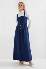 Kadın Lacivert Askılı Düğme Detaylı Cepli Kuşaklı Uzun Elbise HZL24S-BD124901