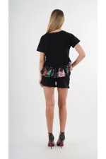 Kadın Siyah Dantel Çiçek Desenli Bisiklet Yaka Bluz HZL24S-YY256