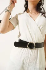 Kadın BeyazBeli Lastikli V Yaka Deri Kemerli Örme Tulum HZL23S-BD170221