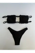 Women's Black String-Tied Gathered Strapless Bikini Set HZL25S-LC2226