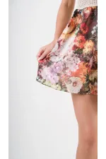 Kadın Yeşil Desenli Saten Yüzeyli V Yaka Halka Detaylı Kuşaklı Mini Elbise HZL24S-YY250