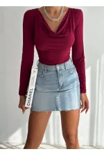 Kadın Bordo Degaje Yaka Yandan Büzgülü Uzun Kol Sandy Bluz HZL24W-FRY122481