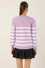 Cardigan en tricot à rayures lilas pour femme, coupe décontractée, col en V, HZL24W-BD1102151