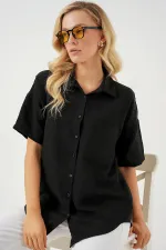 Chemise à manches courtes pour femme, aspect lin, référence 20336 - Noire