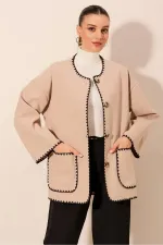 Veste en cachemire brodée Boyfriend 0690 - Beige