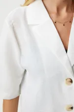 Veste Ayrobin blanche à manches courtes et col châle pour femme, boutonnée, en lin de saison, HZL24S-BD107061