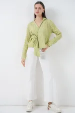 Women's Front Tie Striped Shirt 20362 - Dark Green