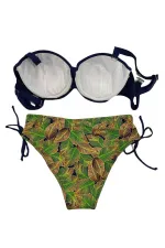 Kadın Lacivert Yaprak Desenli Taş İşlemeli Astarlı Bikini Takım HZL25S-LC3305