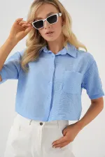 Kadın Kısa Kol Crop Gömlek 20341 - Mavi