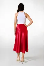 Kadın Kırmızı Saten Yüzeyli Beli Lastikli Midi Boy Etek Hzl23S-BD1101471