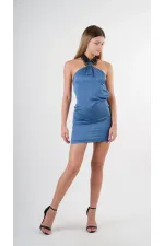 Kadın Mavi Halter Yaka Saten Kumaş Sırt Dekolteli Mini Elbise HZL24S-YY262