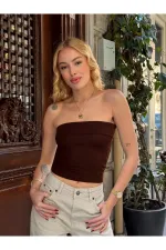 Kadın Kahverengi Katlamalı Straplez Bluz HZL24S-ZK11301