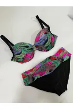 Women's Black Multicolor Patterned Lined Plus Size Bikini Set HZL25S-LC06