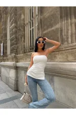 Kadın Beyaz Yanı Büzgülü Çift Yırtmaçlı Straplez Bluz HZL24S-ZK13091