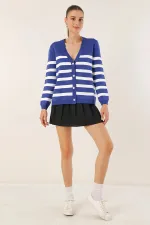 Cardigan en tricot à rayures bleu marine pour femme, coupe décontractée, col en V, HZL24W-BD1102151