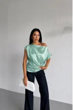 Women's Light Green One-Shoulder Asymmetrical Satin Blouse HZL26W-FRY121171 Women's Light Green One-Shoulder Asymmetrical Satin Blouse HZL26W-FRY121171